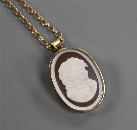 A 9ct gold gold oval cameo pendant brooch, on a 9ct gold chain, brooch 24mm.